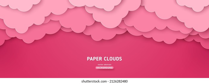 Pink magic clouds above, paper cut background. Cloudy rose sky, vector illustration. Cloudscape border frame. Place for text. Happy Valentine's day pastel header, baby girl romantic wallpaper.