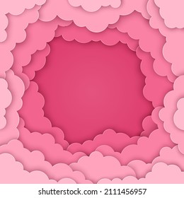 Pink magic clouds paper cut background. Cloudy rose sky, 3d color illustration. Cloudscape vector border frame. Place for text. Happy Valentine's day pastel backdrop, baby girl romantic wallpaper.