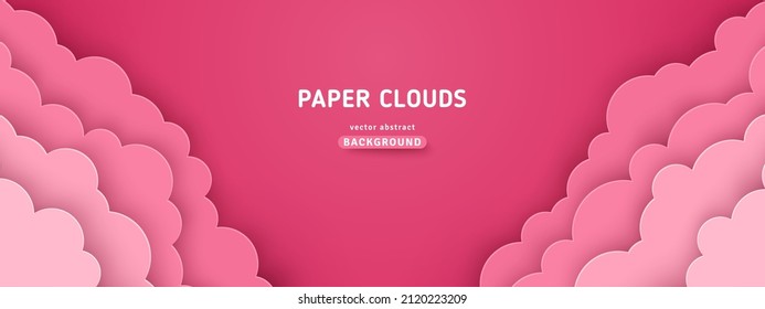 Pink magic clouds, paper cut landscape. Cloudy rose dawn sky, vector illustration. Sunrise cloudscape border frame. Place for text. Happy Valentine's day pastel backdrop, baby girl romantic wallpaper