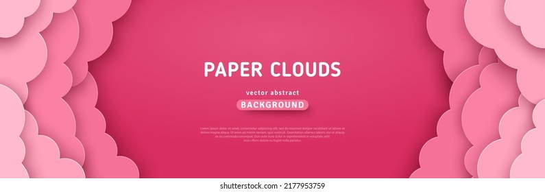 Pink magic clouds, paper cut background. Cloudy rose dawn sky, vector illustration. Sunrise cloudscape border frame. Place for text. Happy Valentine's day pastel backdrop, baby girl romantic header