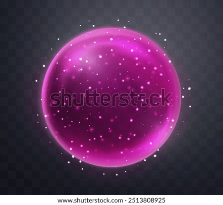 Pink magic fantasy sphere. Crystal ball with glowing sparkles and particles. Energy orb with glow flare light effect. Isolated on transparent background. Vector illustration.