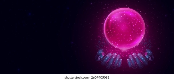 Pink magic fantasy sphere in hands. Crystal ball with glowing sparkles and particles. Energy orb with glow flare light effect. Isolated on transparent background. Vector illustration.