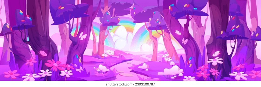Pink magic forest with rainbow cartoon vector landscape. Fairytale purple nature scene with flower on meadow Fairy panorama for fantasy adventure environment game. Vibrant fairy picture of garden