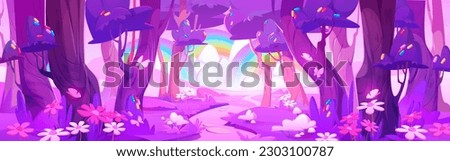 Pink magic forest with rainbow cartoon vector landscape. Fairytale purple nature scene with flower on meadow Fairy panorama for fantasy adventure environment game. Vibrant fairy picture of garden