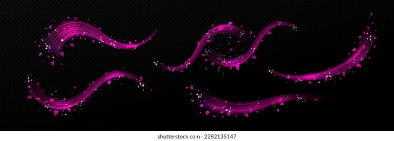 Pink magic glitter light fragrance flow effect. 3d fly flower petal sparkle trail in air. Isolated purple floral blossom mist glow png illustration. Cosmetic cherry breeze swoosh with particle shine.