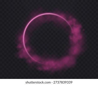 Pink magic glowing ring with smoke. Neon realistic energy flare halo ring. Abstract light effect on a black background. Vector illustration.
