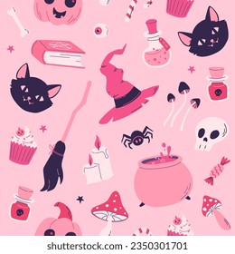 Pink magic halloween seamless pattern with cat, witch hat, pumpkin,broom, potion, mushroom. Day of the dead barbiecore style vector illustration