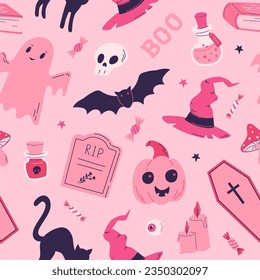 Pink magic halloween seamless pattern with spirit, witch hat, pumpkin, grave, bat, cat. Barbiecore style vector illustration