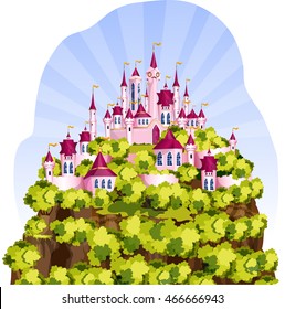 Pink Magic Kingdom for a little princess. Castle is located on a high mountain which is covered with greenery. It`s nice summer day.