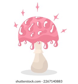 Pink magic mushroom with slices, drops and growths on beige stem. Fairytale mushroom in flat cartoon style. Illustration for fairy tales and games. Isolated on white background.