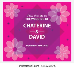 Pink Magic Night with a wedding invitation star glitter vector. White and pink flower backgrounds. White writing