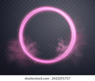Pink magic ring with glowing. Neon realistic energy flare halo ring. Abstract light effect on a dark transparent background. Vector illustration.