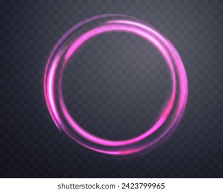 Anillo mágico rosa con brillo. Sonido de halo de la bengala de energía realistas. Efecto abstracto de la luz sobre un fondo transparente oscuro. Ilustración vectorial.