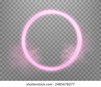 Pink magic ring with glowing. Neon realistic energy flare halo ring. Abstract light effect on a transparent background. Vector illustration.