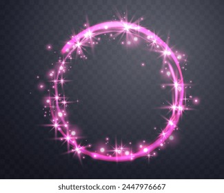 Pink magic ring with glowing sparkles. Neon realistic energy flare halo ring. Abstract light effect on a dark transparent background. Vector illustration.