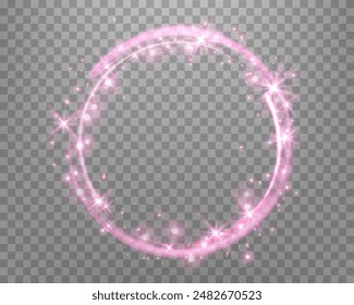 Pink magic ring with glowing sparkles. Neon realistic energy flare halo ring. Abstract light effect on a transparent background. Vector illustration.