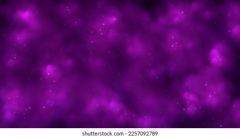 Pink magic smoke, colorful fog with sparkles, glowing neon clouds, mistery background with particles, universe atmosphere with starlight. Vector illustration.