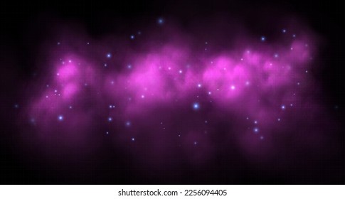 Pink magic smoke, galaxy with starlight, colorful fog with sparkles, glowing haze with blue stars. Vector illustration.