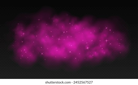 Pink magic smoke with stars and sparkles, fog with glowing particles, colorful vapor with star dust. Fantasy haze overlay. Vector illustration.