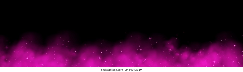 Pink magic smoke with stars and sparkles, fog with glowing particles, colorful vapor with star dust. Fantasy haze background. Vector illustration.