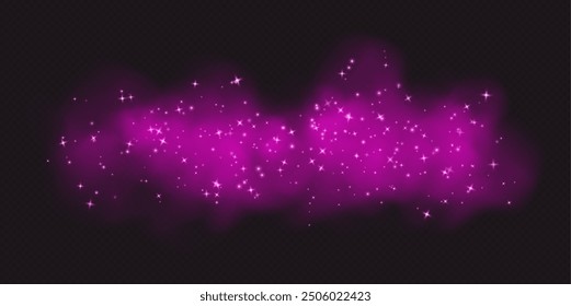 Pink magic smoke with stars and sparkles, fog with glowing particles, colorful vapor with star dust. Fantasy haze overlay. Vector illustration.