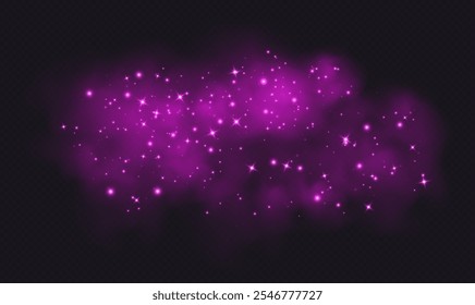 Fumo mágico rosa com estrelas e brilhos, nevoeiro com partículas brilhantes, vapor colorido com poeira estelar. Sobreposição de névoa de fantasia. Ilustração vetorial.