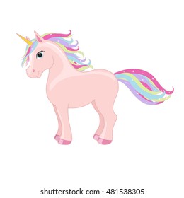 Pink magic standing unicorn with rainbow mane and horn isolated on white background. Vector illustration.