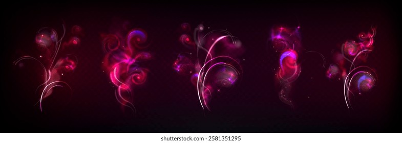 Pink magic wand effects set isolated on transparent background. Vector realistic illustration of fantasy light and smoke trails, spiral swirls with glitter and shiny particles, magician spell energy