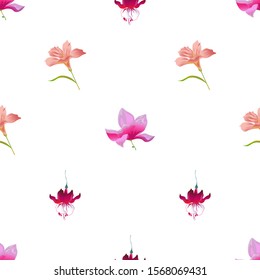 Pink Magnolia. Pink Amaryllis. Red Fuchsia. Vector illustration. Seamless background pattern. Floral botanical flower. Wild leaf wildflower isolated. Exotic tropical hawaiian jungle. Fabric.