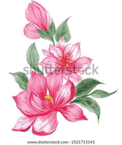 Pink magnolia flower bunch isolated on white background. set of open magnolia flowers with tropical leaves in watercolor paint. design for wallpaper, invitation card, wedding card, fabric.