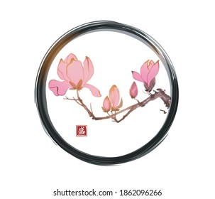 Pink magnolia flowers in black enso zen circle on white background. Traditional oriental ink painting sumi-e, u-sin, go-hua. Translation of hieroglyph - blossom