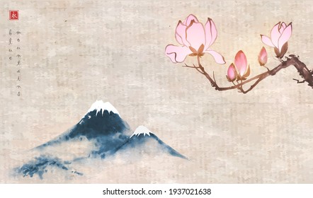 Pink magnolia flowers and distant blue mountains on vintage rice paper background. Traditional oriental ink painting sumi-e, u-sin, go-hua. Translation of hieroglyph - eternity.