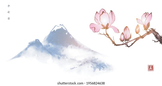 Pink Magnolia flowers and far blue mountains. Traditional oriental ink painting sumi-e, u-sin, go-hua. Translation of hieroglyphs - peace, tranquility, clarity
