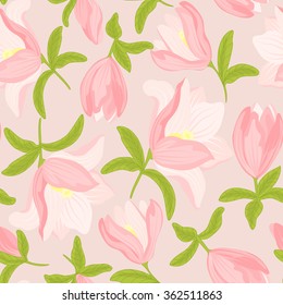Pink magnolia flowers seamless pattern on pink background. Flowers pattern. Seamless floral pattern.