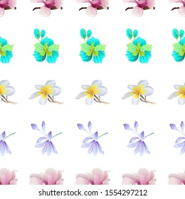 Pink Magnolia. Green Orchid. White Plumeria. Violet Agapanthus Lily. Vector illustration. Seamless background pattern. Floral botanical flower. Wild leaf wildflower isolated. Exotic tropical.