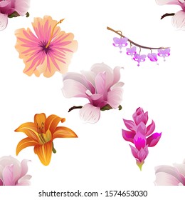 Pink Magnolia. Pink Hibiscus. Purple Komakusa. Orange Daylily. Pink Ginger. Vector illustration. Seamless background pattern. Floral botanical flower. Wild leaf wildflower isolated. Exotic tropical.