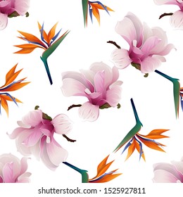 Pink Magnolia. Orange Strelitzia Reginae. Vector illustration. Seamless background pattern. Floral botanical flower. Wild leaf wildflower isolated. Exotic tropical hawaiian jungle. Fabric wallpaper.