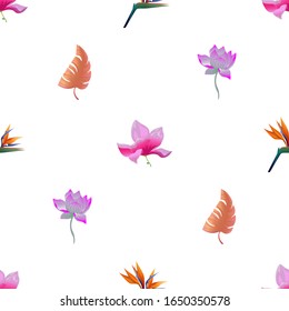 Pink Magnolia. Orange Strelitzia Reginae. Purple Lotus. Orange Tropical Leaf. Vector illustration. Seamless background pattern. Floral botanical flower. Wild leaf wildflower isolated. Exotic.