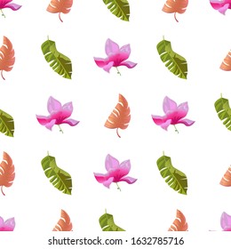 Pink Magnolia. Orange Tropical Leaf. Green Palm Leaf. Vector illustration. Seamless background pattern. Floral botanical flower. Wild leaf wildflower isolated. Exotic tropical hawaiian jungle.
