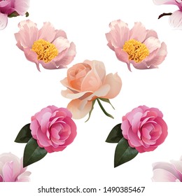 Pink Magnolia. Pink Peony. Pink Balsam. Pink Rose. Vector illustration. Seamless background pattern. Floral botanical flower. Wild leaf wildflower isolated. Exotic tropical hawaiian jungle. Fabric.