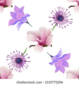 Pink Magnolia. Purple Magnolia. Purple Osteospermum Daisybush. Vector illustration. Seamless background pattern. Floral botanical flower. Wild leaf wildflower isolated. Exotic tropical hawaiian.