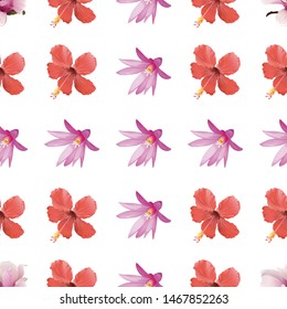 Pink Magnolia. Red Hibiscus. Purple Hatiora. Vector illustration. Seamless background pattern. Floral botanical flower. Wild leaf wildflower isolated. Exotic tropical hawaiian jungle. Fabric.