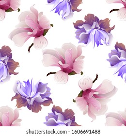 Pink Magnolia. Violet Clematis. Vector illustration. Seamless background pattern. Floral botanical flower. Wild leaf wildflower isolated. Exotic tropical hawaiian jungle. Fabric wallpaper print.