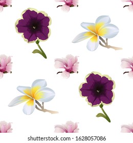 Pink Magnolia. White Plumeria. Violet Petunia. Vector illustration. Seamless background pattern. Floral botanical flower. Wild leaf wildflower isolated. Exotic tropical hawaiian jungle. Fabric.