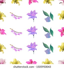 Pink Magnolia. Yellow Lilium. Pink Bauhinia Purpurea. Purple Komakusa. Purple Magnolia. Purple Bllflower. Vector illustration. Seamless background pattern. Floral botanical flower. Wild leaf.