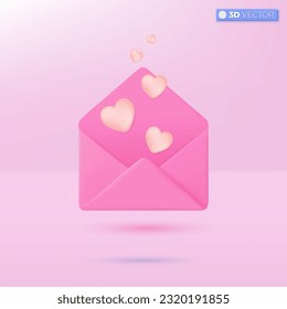 Pink mail envelope with red hearts icon symbol. Giving love email, message in love, Mother and Valentines Day greetings concept. 3D vector isolated illustration design. Cartoon pastel Minimal style.