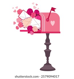 Pink mailbox on a pole with romantic messages. A Valentine's Day mailbox with roses, envelopes and hearts. Illustrated vector clipart.