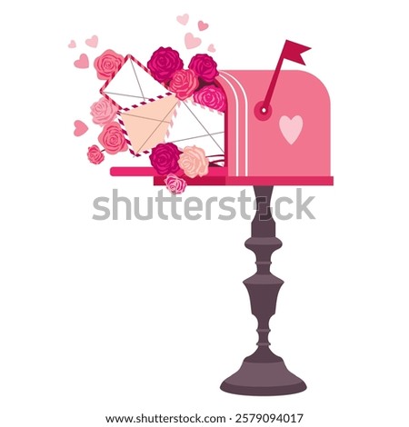 Pink mailbox on a pole with romantic messages. A Valentine's Day mailbox with roses, envelopes and hearts. Illustrated vector clipart.