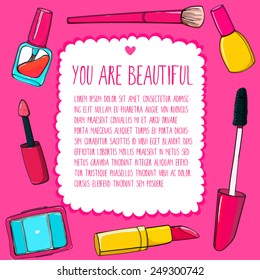 Pink make up background with makeup tools, brushes, mascara, cosmetics, lipstick and pencils. Colorful vector frame.