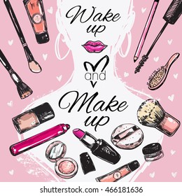Pink make up cosmetic poster with white women s silhouette and accessories vector illustration